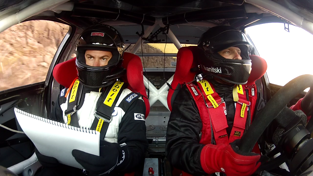 A driver and a navigator in a car during a rally